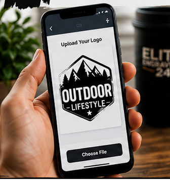 An infographic explaining the 'How It Works' process of a custom logo engraving service, featuring four numbered steps from sending a logo or idea to final product shipment, with a black and orange theme and the 'Elite Engraving 24' brand logo.