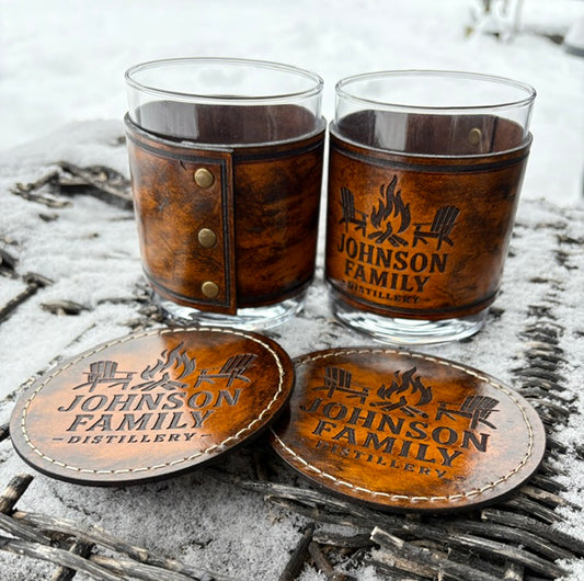 Personalized Leather Wrapped Whiskey Glass & Coaster