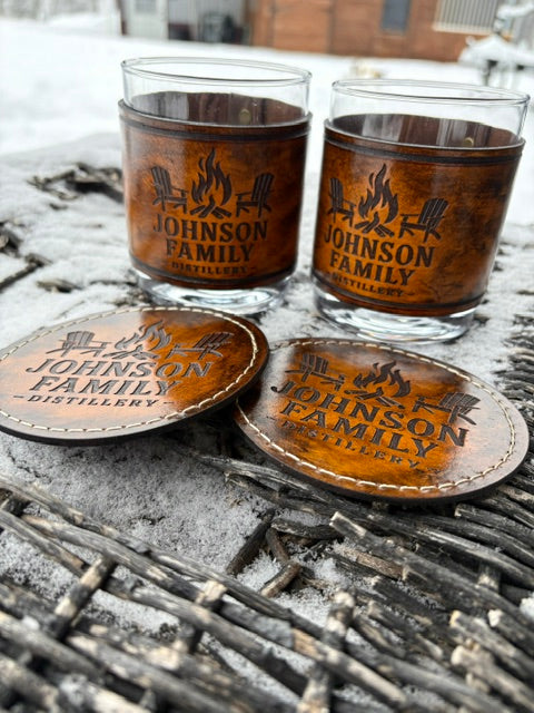 Personalized Leather Wrapped Whiskey Glass & Coaster