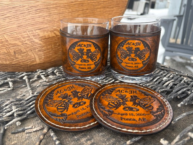 Personalized Leather Wrapped Whiskey Glass & Coaster