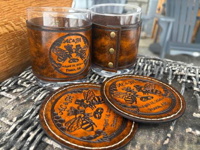 Personalized Leather Wrapped Whiskey Glass & Coaster