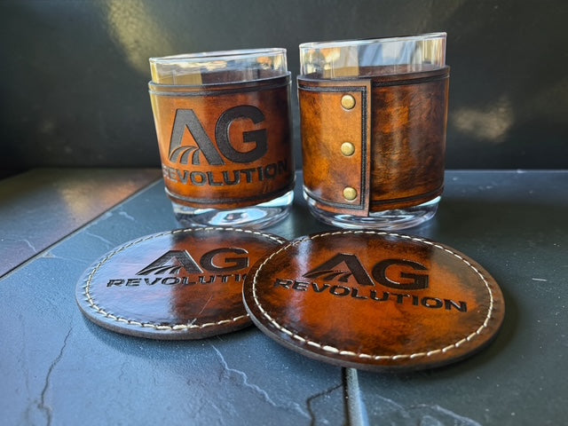 Personalized Leather Wrapped Whiskey Glass & Coaster