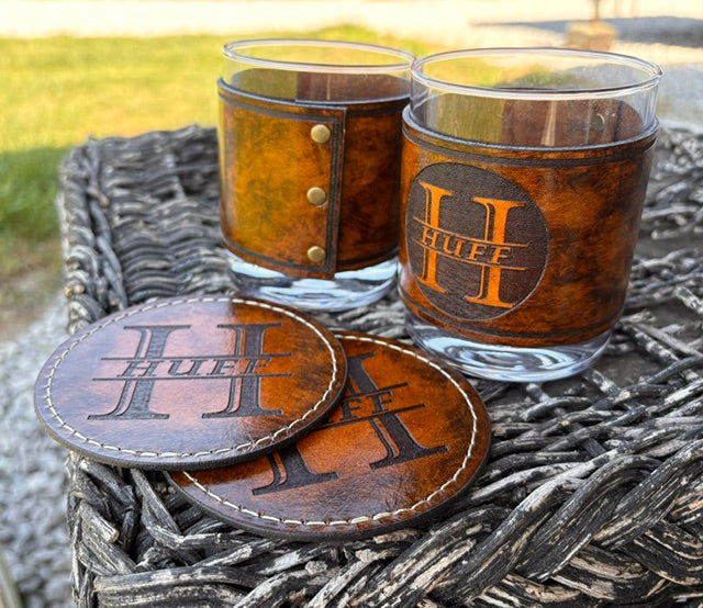 Personalized Leather Wrapped Whiskey Glass & Coaster