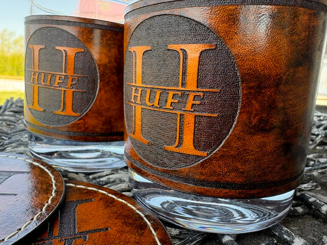 Personalized Leather Wrapped Whiskey Glass & Coaster